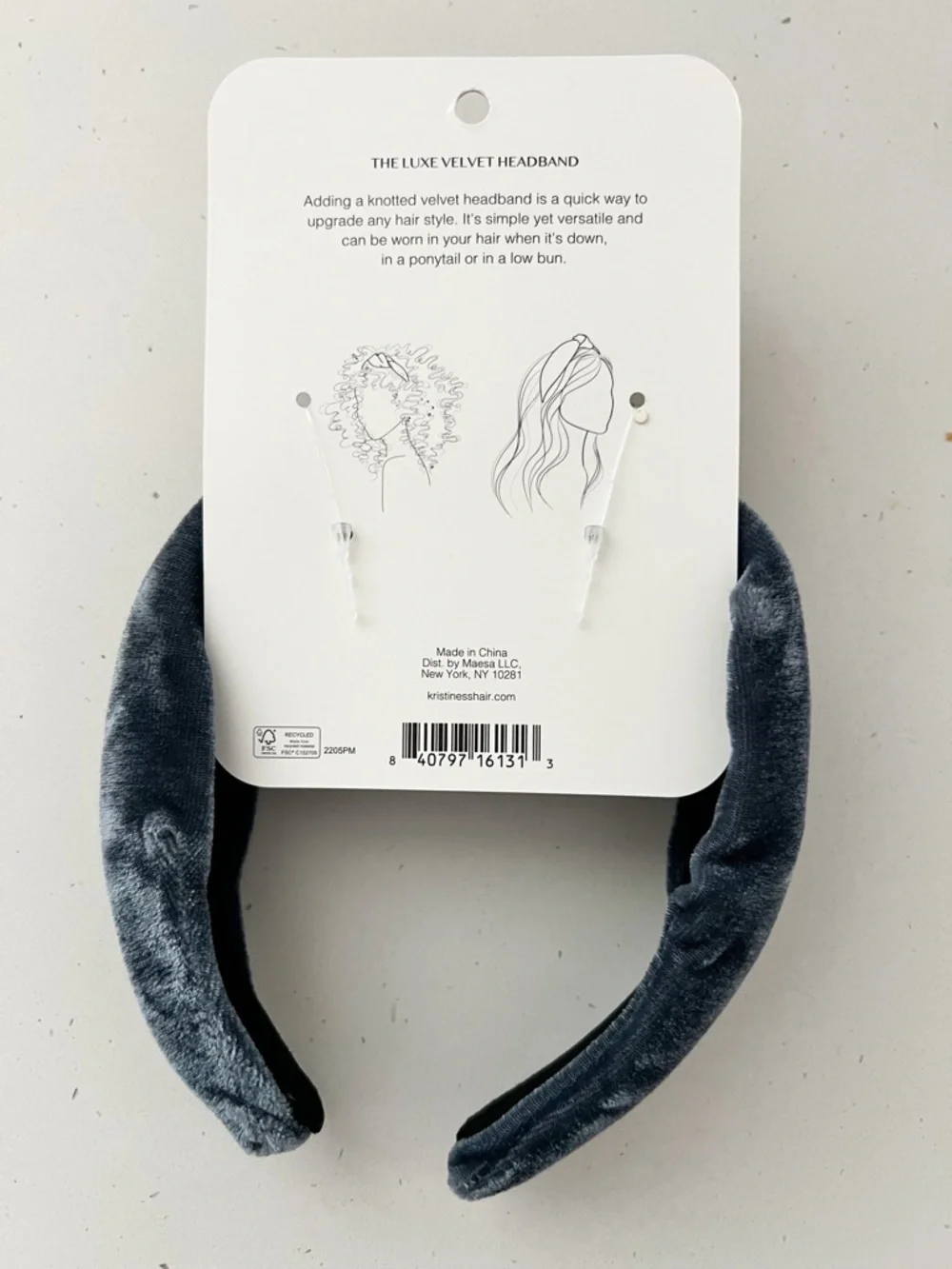 NWT Kristin Ess Luxe Velvet Headband Denim Blue Knotted Non Slip Hair Accessory